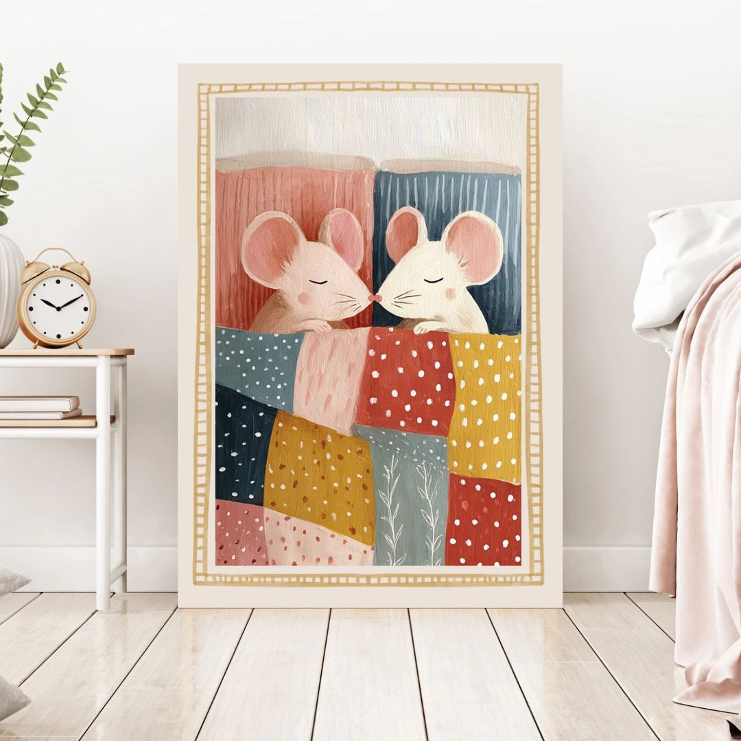 Cute Mice in Bed Vintage Nursery Art Print - INSIDE HOUSE