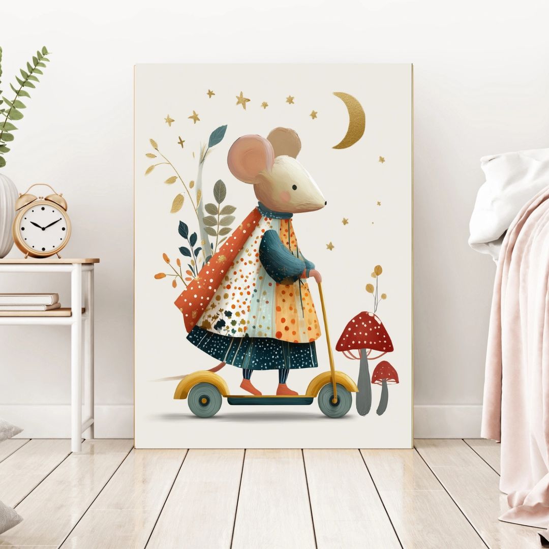Cute Mouse Scooter Vintage Nursery Book Art Print - INSIDE HOUSE