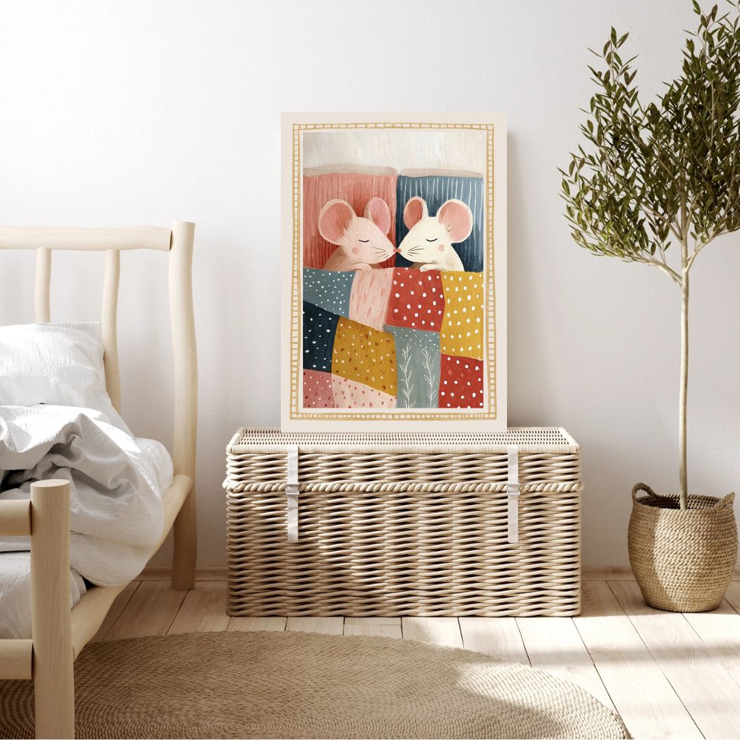 Cute Mice in Bed Vintage Nursery Art Print - INSIDE HOUSE