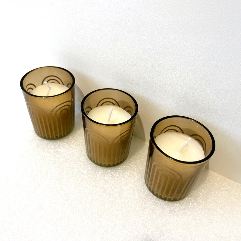 Rainbow detail Hand Made Glass votives scented Amberwood and Jasmine Candles set of 3