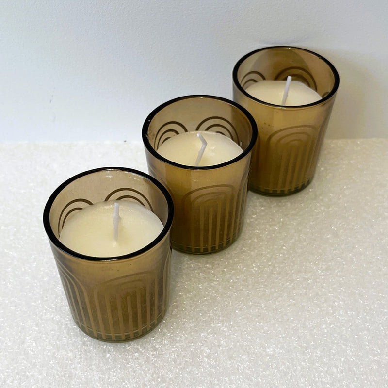 Rainbow detail Hand Made Glass votives scented Amberwood and Jasmine Candles set of 3