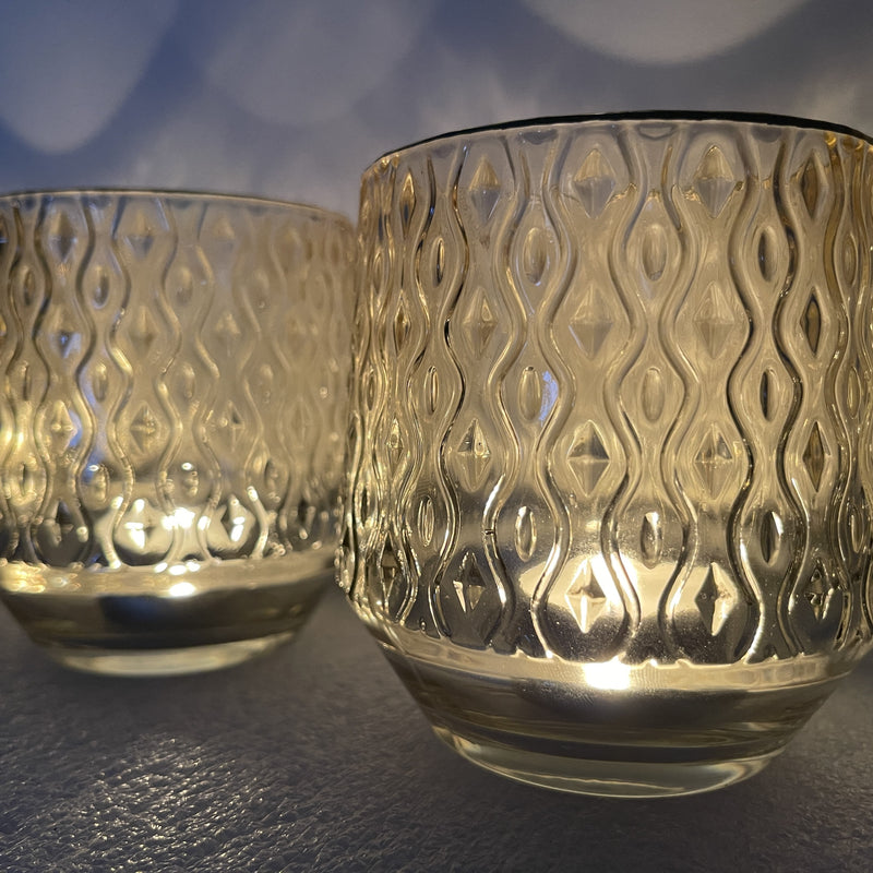 Set of 3 Honey Cut Glass Glod Topped T light holders for large and small candles