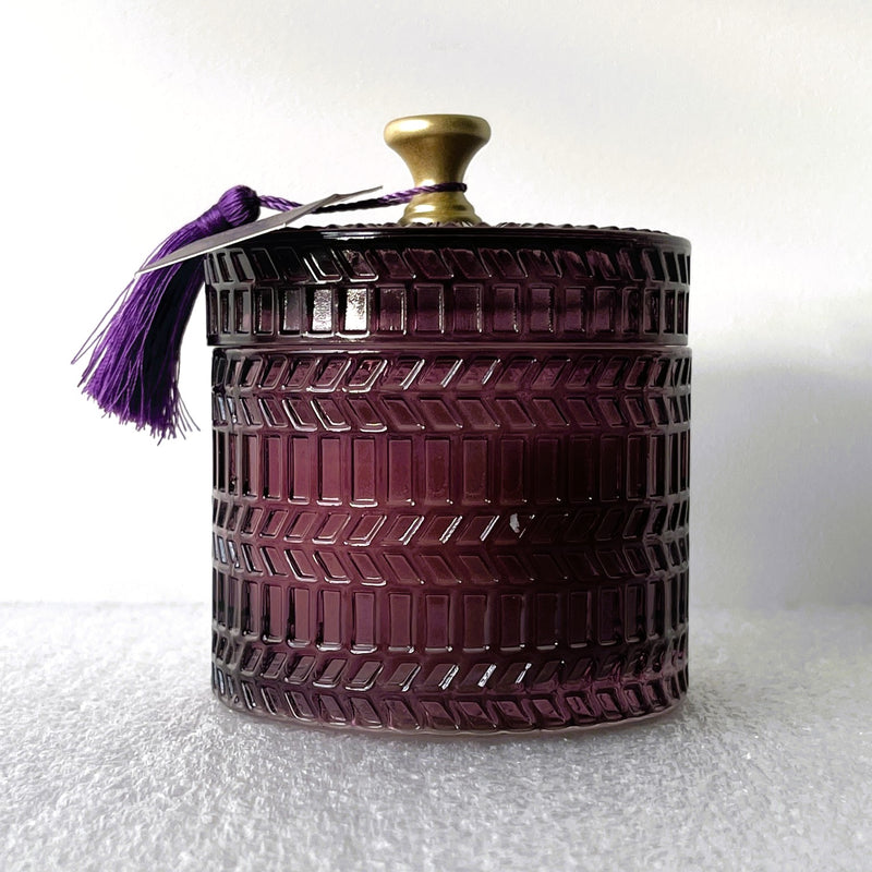 Hand Poured Scented Velvet Rose and Oud Boutique glass Candle, stunning Purple glass detail and Super cute Lid with Gold Handle