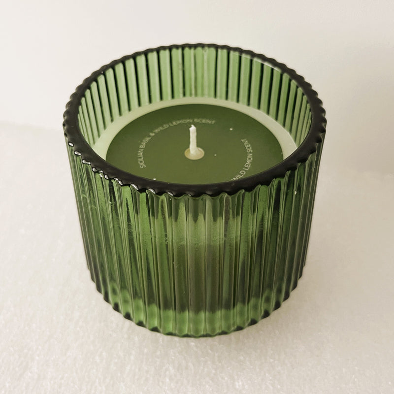 Large Ridged Olive Green Candle in a Sicilian Basil & Wild Lemon Scent 9.7cm