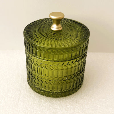 Hand Poured Scented Patchouli and wood glass Candle, stunning green glass detail and Super cute Lid with Gold Handle