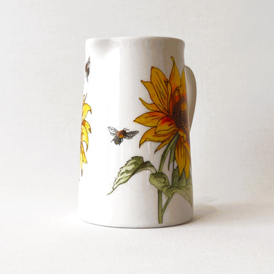 Bee and Sunflower Hand made milk and or gravy Jug crafted in a white and flower ceramic