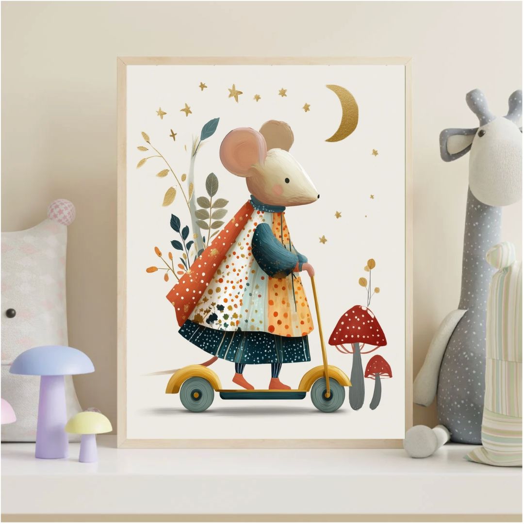 Cute Mouse Scooter Vintage Nursery Book Art Print - INSIDE HOUSE