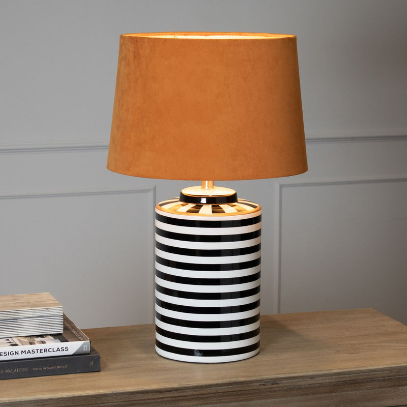 Monochrome Ceramic Lamp With Burnt Orange Velvet Shade