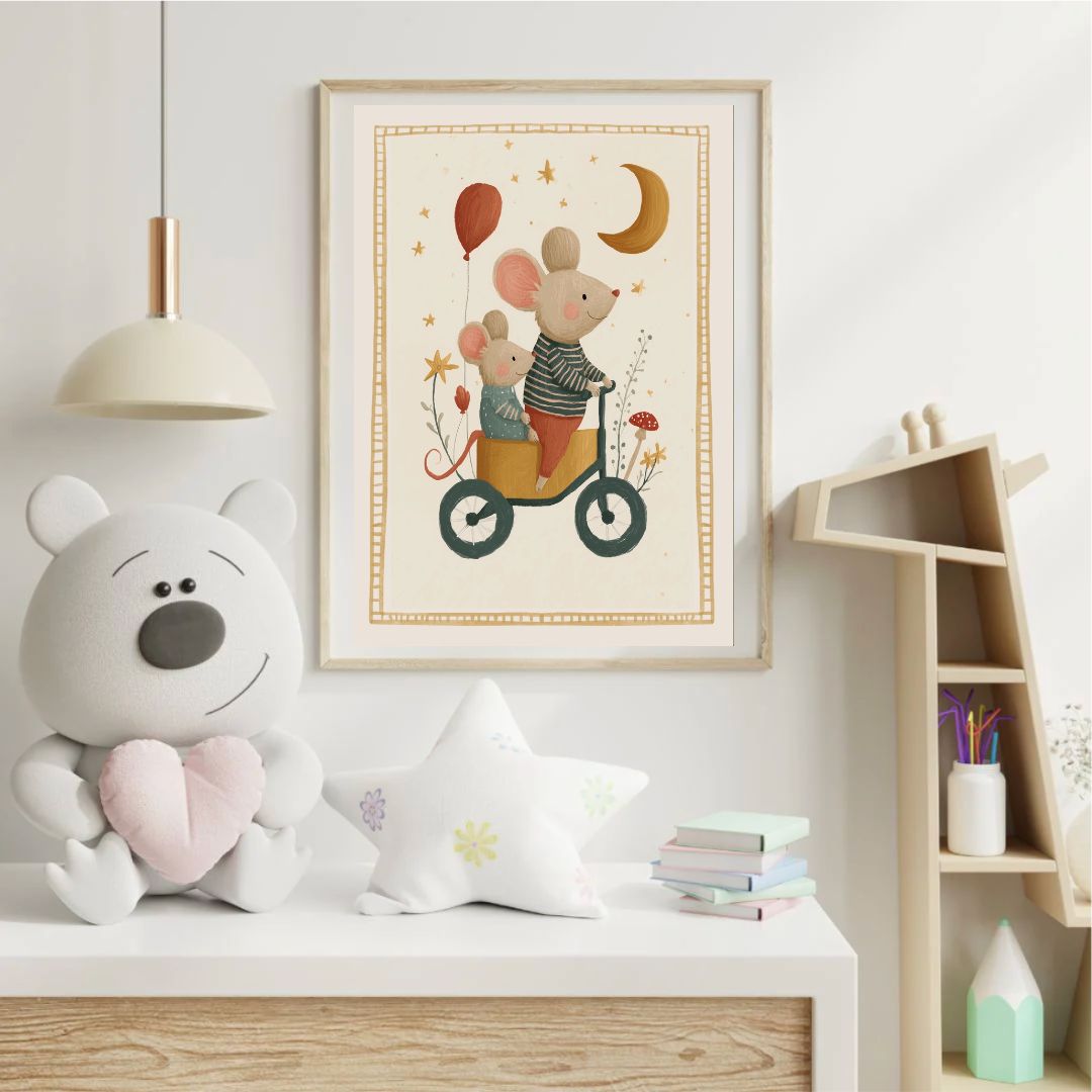 Cute Mouse Tricycle Vintage Nursery Book Art Print - INSIDE HOUSE