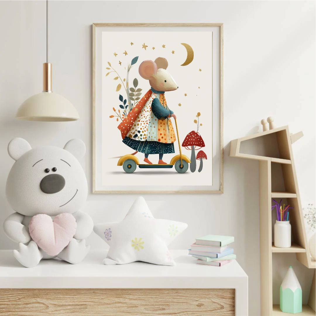 Cute Mouse Scooter Vintage Nursery Book Art Print - INSIDE HOUSE