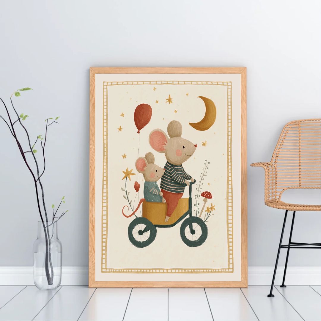 Cute Mouse Tricycle Vintage Nursery Book Art Print - INSIDE HOUSE