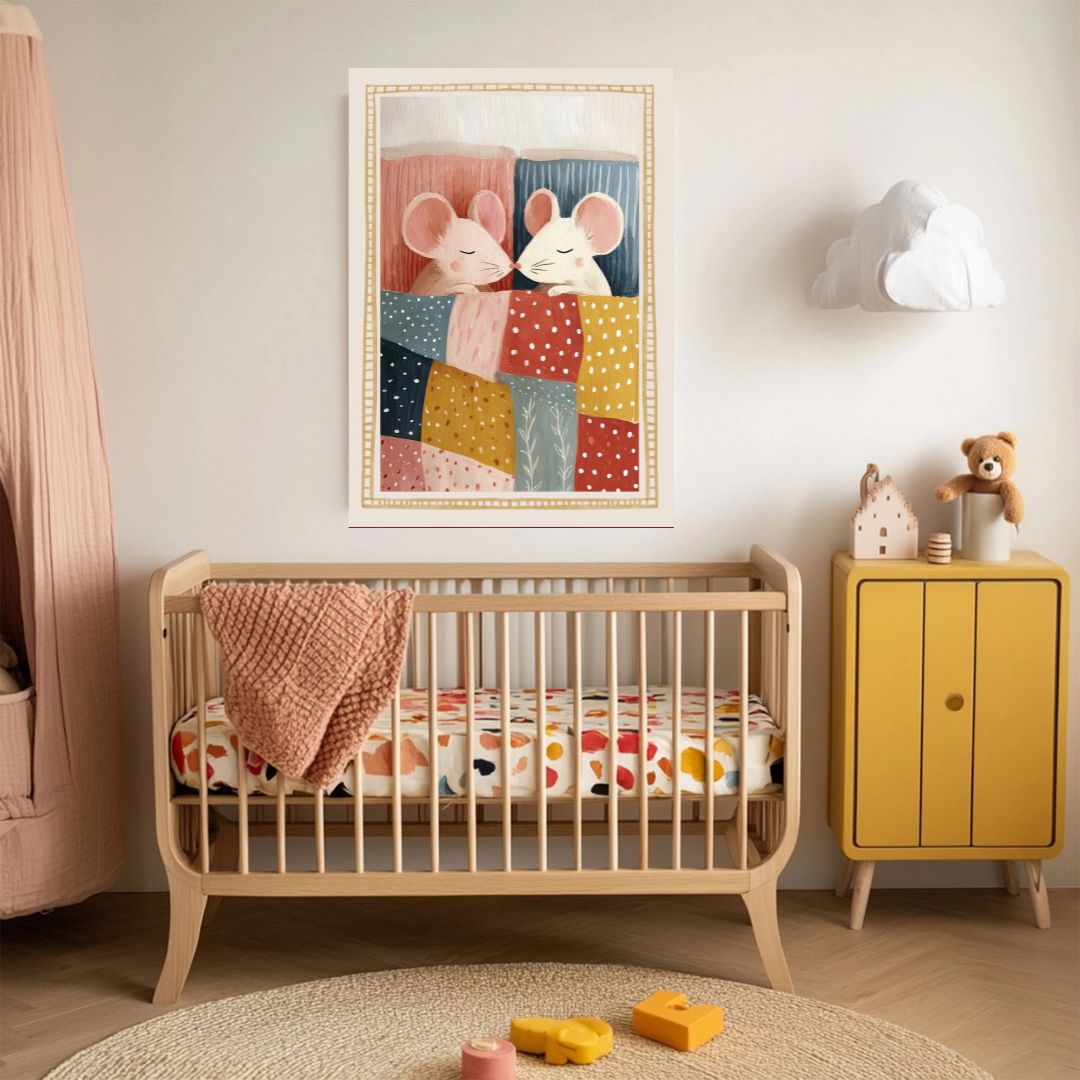 Cute Mice in Bed Vintage Nursery Art Print - INSIDE HOUSE