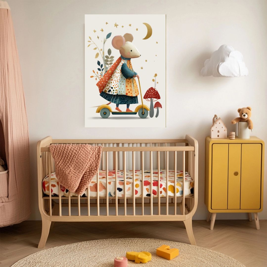 Cute Mouse Scooter Vintage Nursery Book Art Print - INSIDE HOUSE
