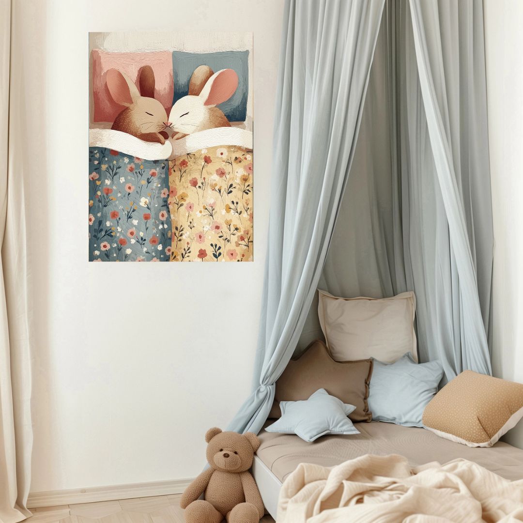 Cozy Rabbits Nighttime Nursery Art Print - INSIDE HOUSE