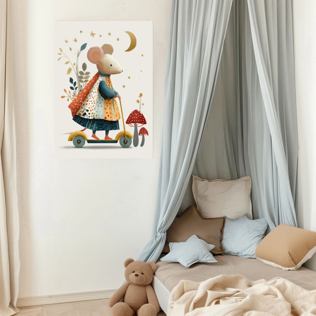 Cute Mouse Scooter Vintage Nursery Book Art Print - INSIDE HOUSE
