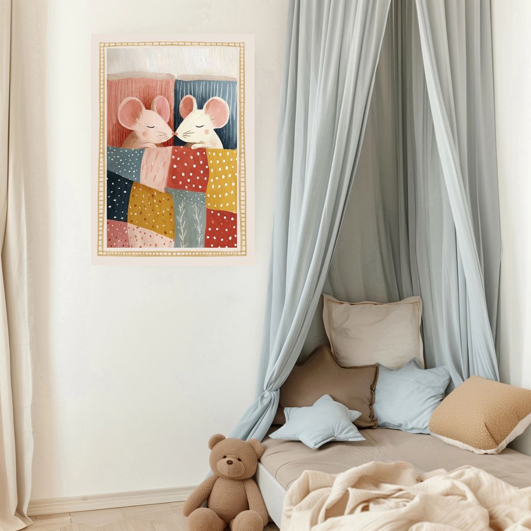 Cute Mice in Bed Vintage Nursery Art Print - INSIDE HOUSE