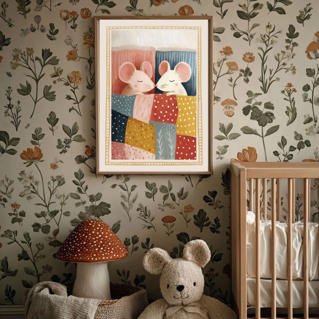 Cute Mice in Bed Vintage Nursery Art Print - INSIDE HOUSE
