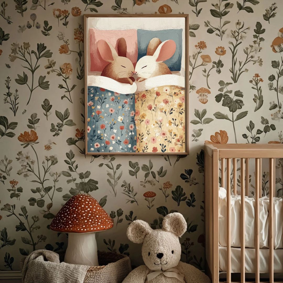 Cozy Rabbits Nighttime Nursery Art Print - INSIDE HOUSE