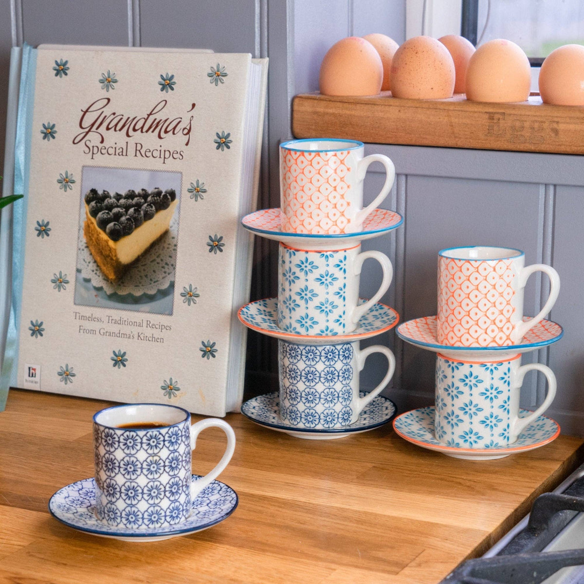 65ml Hand-Printed Stoneware Espresso Cup and Saucer Set - Navy