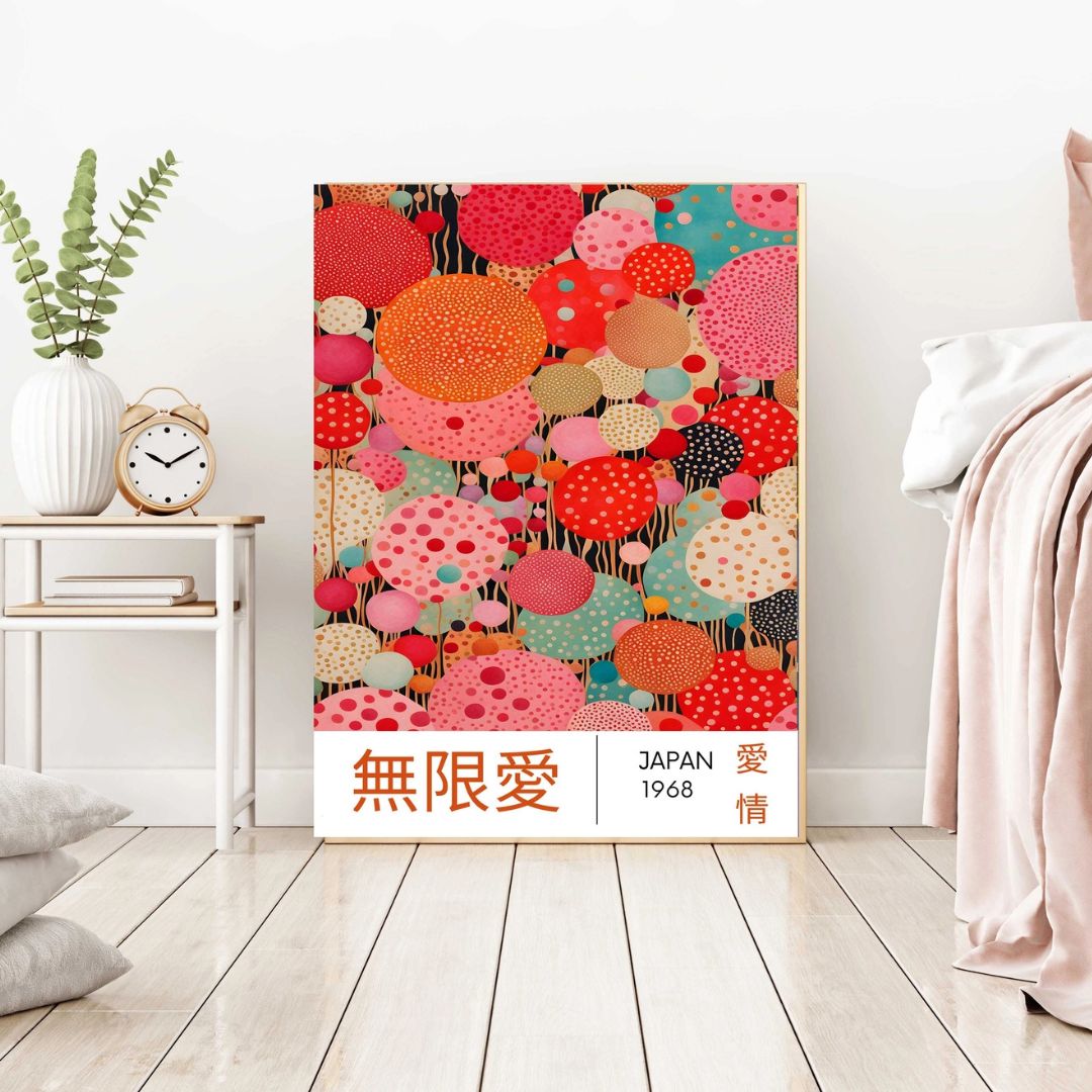 Japanese Pink and Red Abstract Flowers Art Print - INSIDE HOUSE