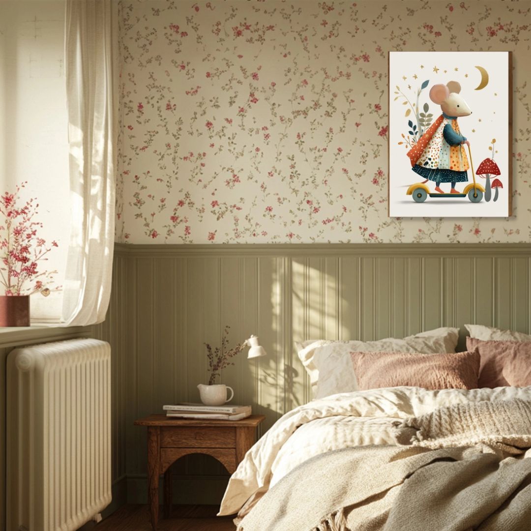 Cute Mouse Scooter Vintage Nursery Book Art Print - INSIDE HOUSE