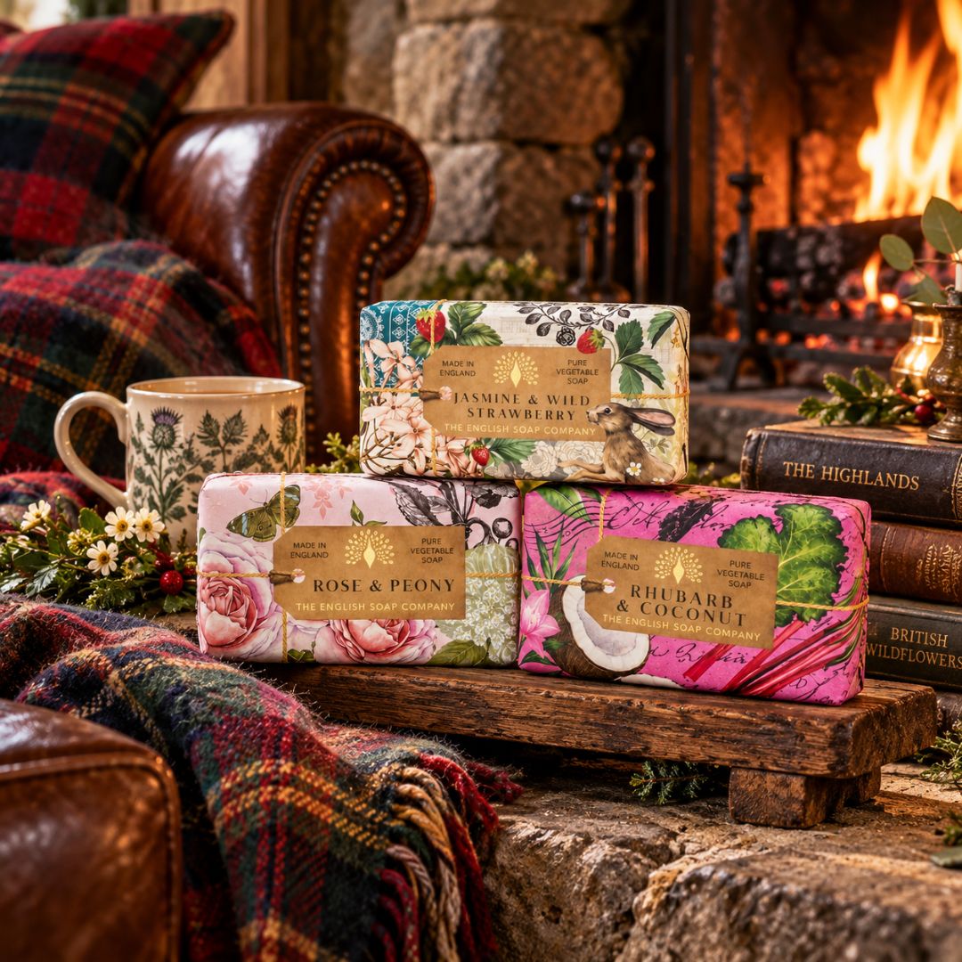 3 luxury soap bar bundle featuring Jasmine &amp; Wild Strawberry, Rose &amp; Peony and Rhubarb &amp; Coconut
