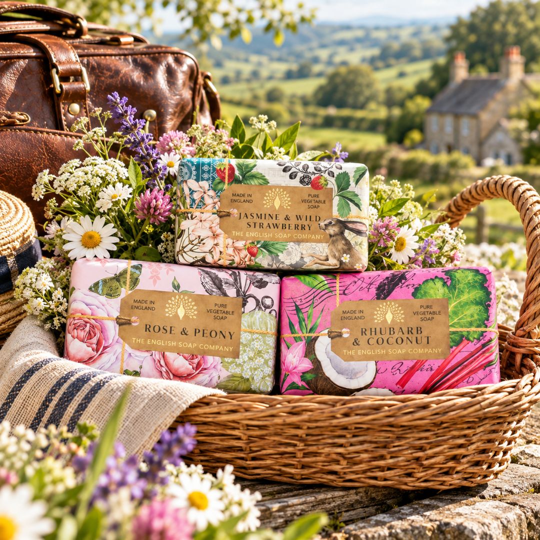 3 luxury soap bar bundle featuring Jasmine &amp; Wild Strawberry, Rose &amp; Peony and Rhubarb &amp; Coconut