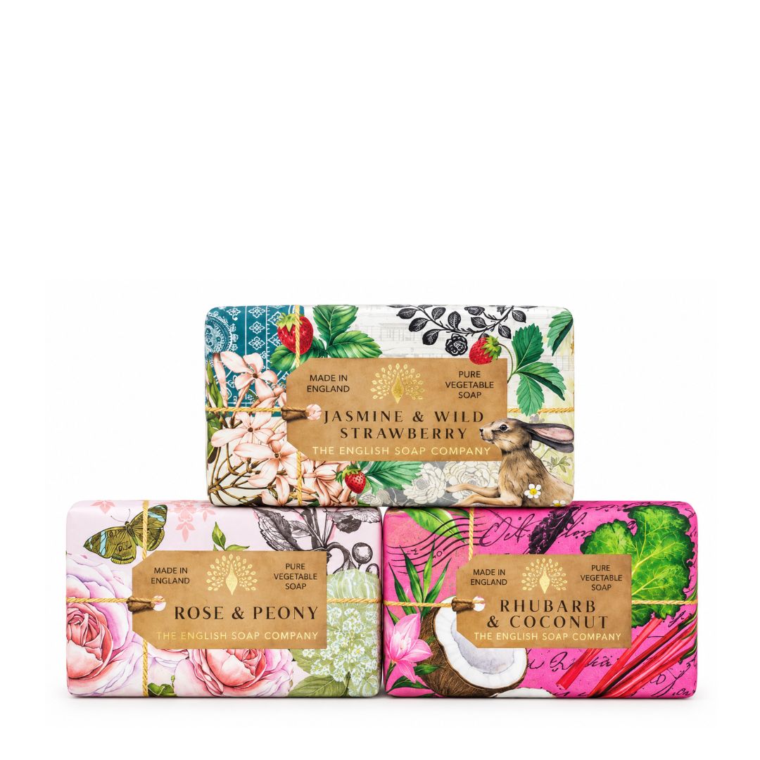 3 luxury soap bar bundle featuring Jasmine &amp; Wild Strawberry, Rose &amp; Peony and Rhubarb &amp; Coconut