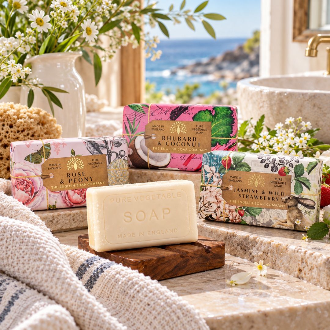3 luxury soap bar bundle featuring Jasmine &amp; Wild Strawberry, Rose &amp; Peony and Rhubarb &amp; Coconut