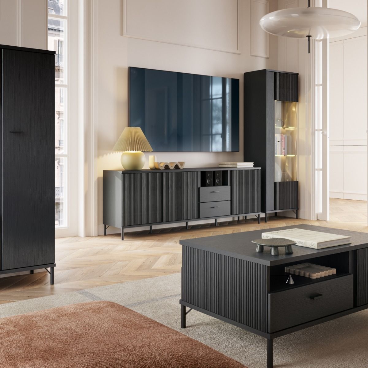 Lusaka TV Cabinet 3 Door 2 Drawer in Black Graphite - INSIDE HOUSE