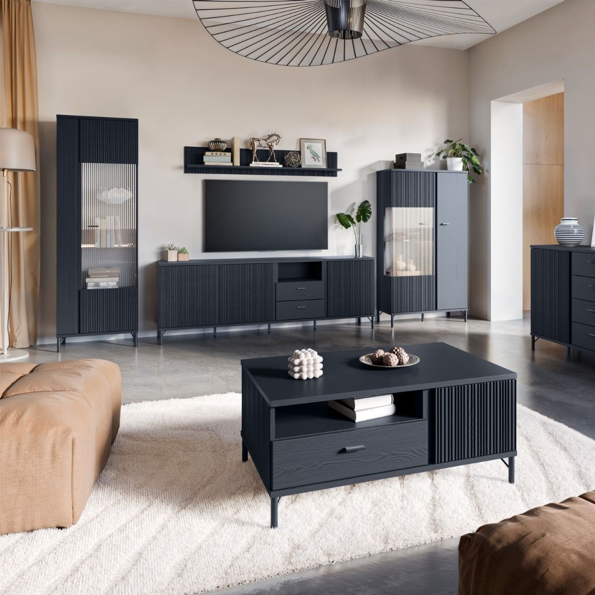 Lusaka TV Cabinet 3 Door 2 Drawer in Black Graphite - INSIDE HOUSE