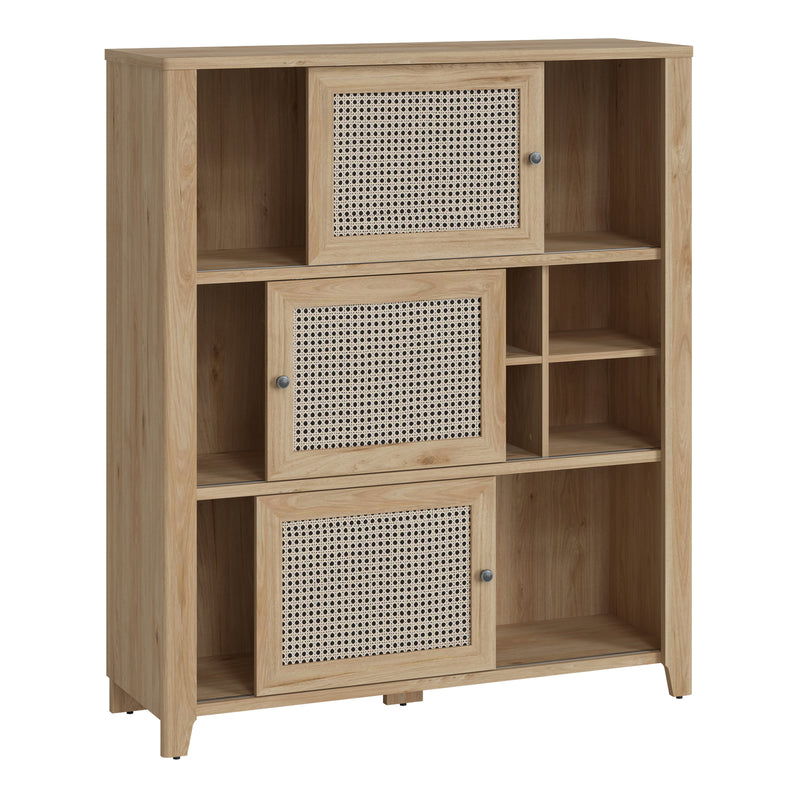 Cestino 3 Sliding Door Cabinet in Jackson Hickory Oak and Rattan Effect