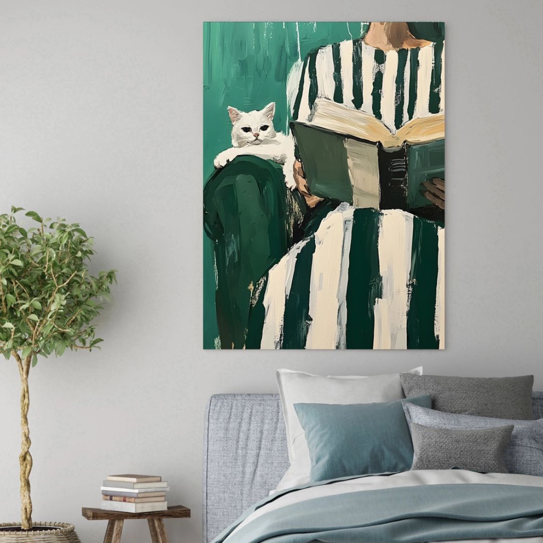 Female Reading Painting Cat Portrait Art Print