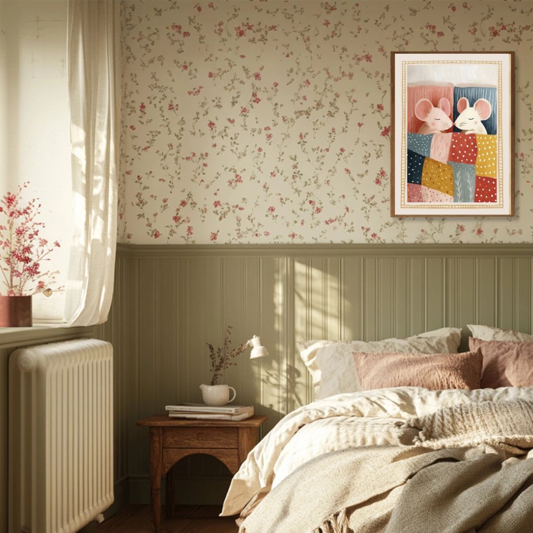 Cute Mice in Bed Vintage Nursery Art Print - INSIDE HOUSE