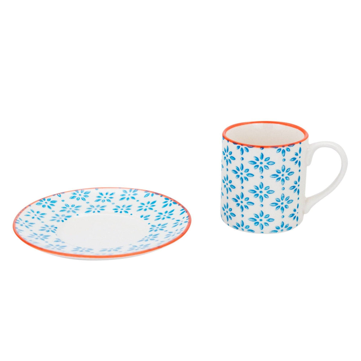 A white ceramic mug and matching saucer set, decorated with a repeating blue floral pattern and accented with a thin orange rim, shown on a plain white background.