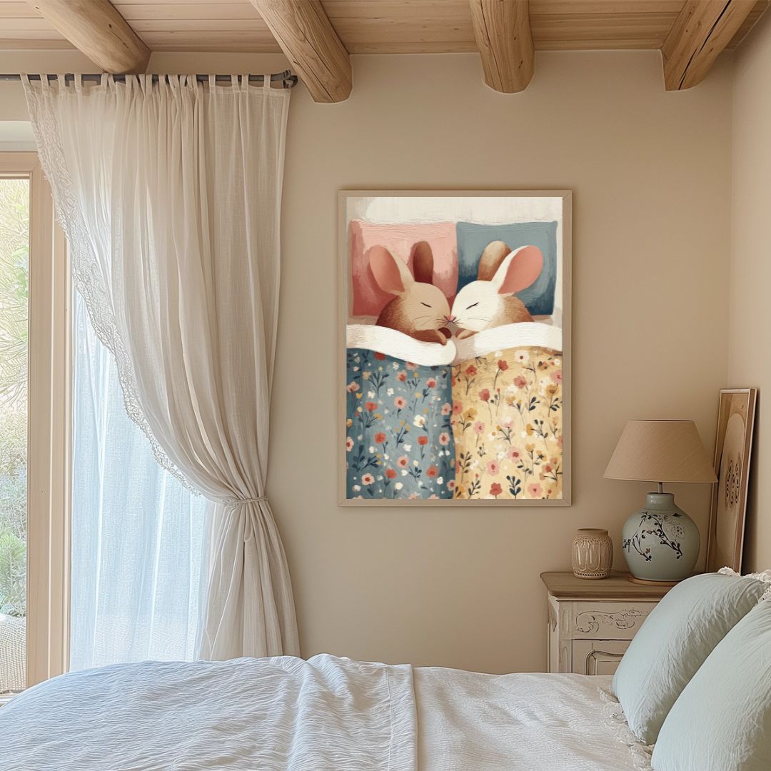Cozy Rabbits Nighttime Nursery Art Print - INSIDE HOUSE