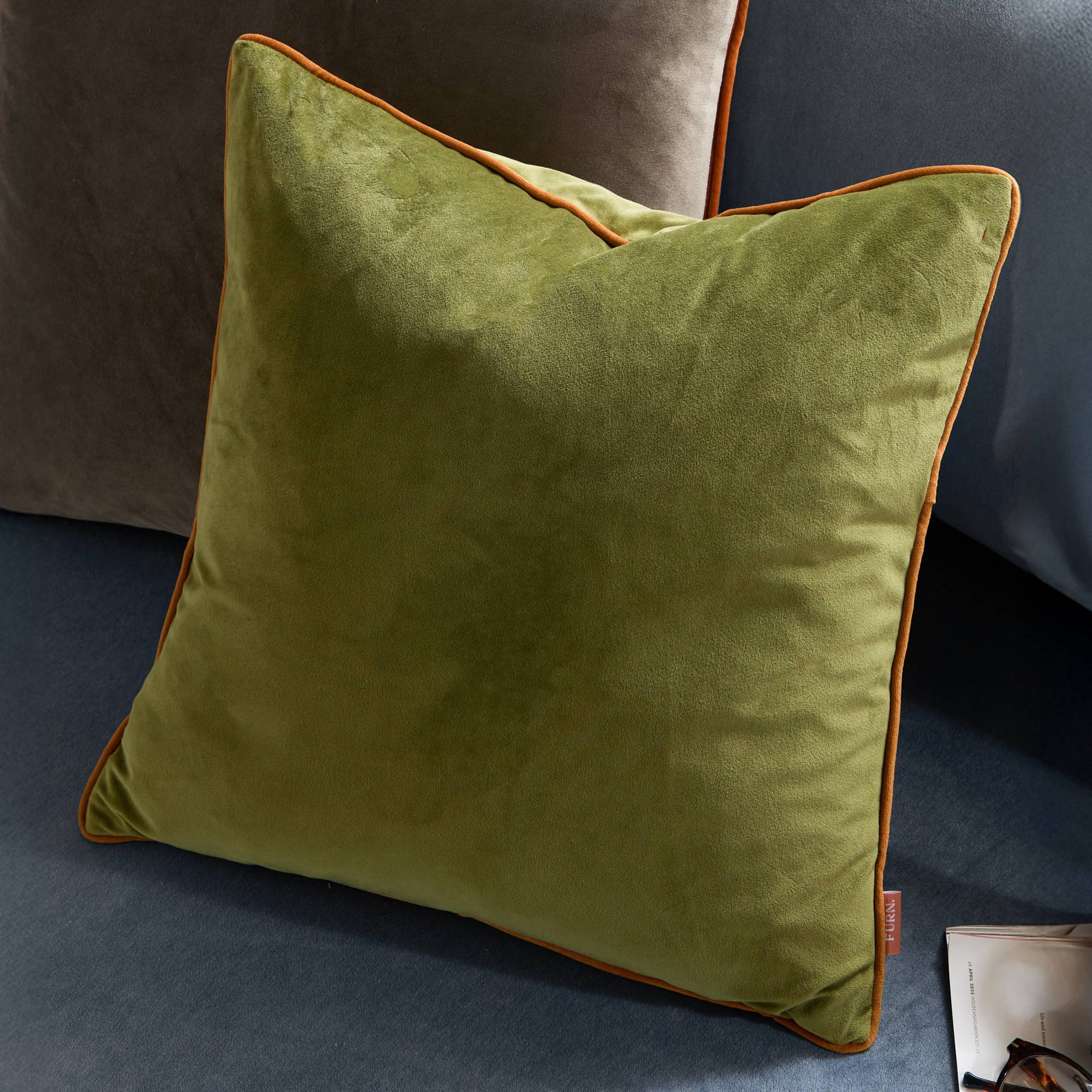 Meridian Velvet Cushion Olive/Ginger: Olive/Ginger / Polyester Filled / 55 x 55cm