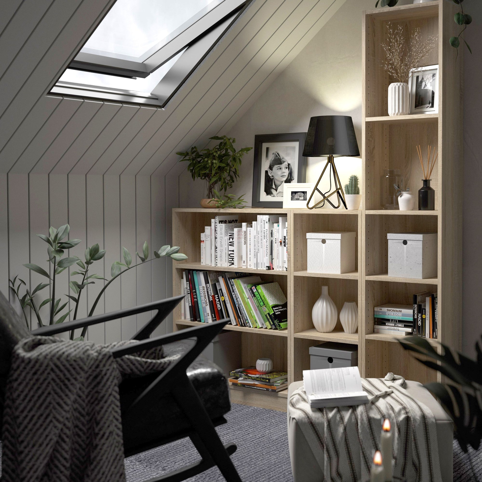 Basic Low Narrow Bookcase with 3 Shelves in Oak - INSIDE HOUSE