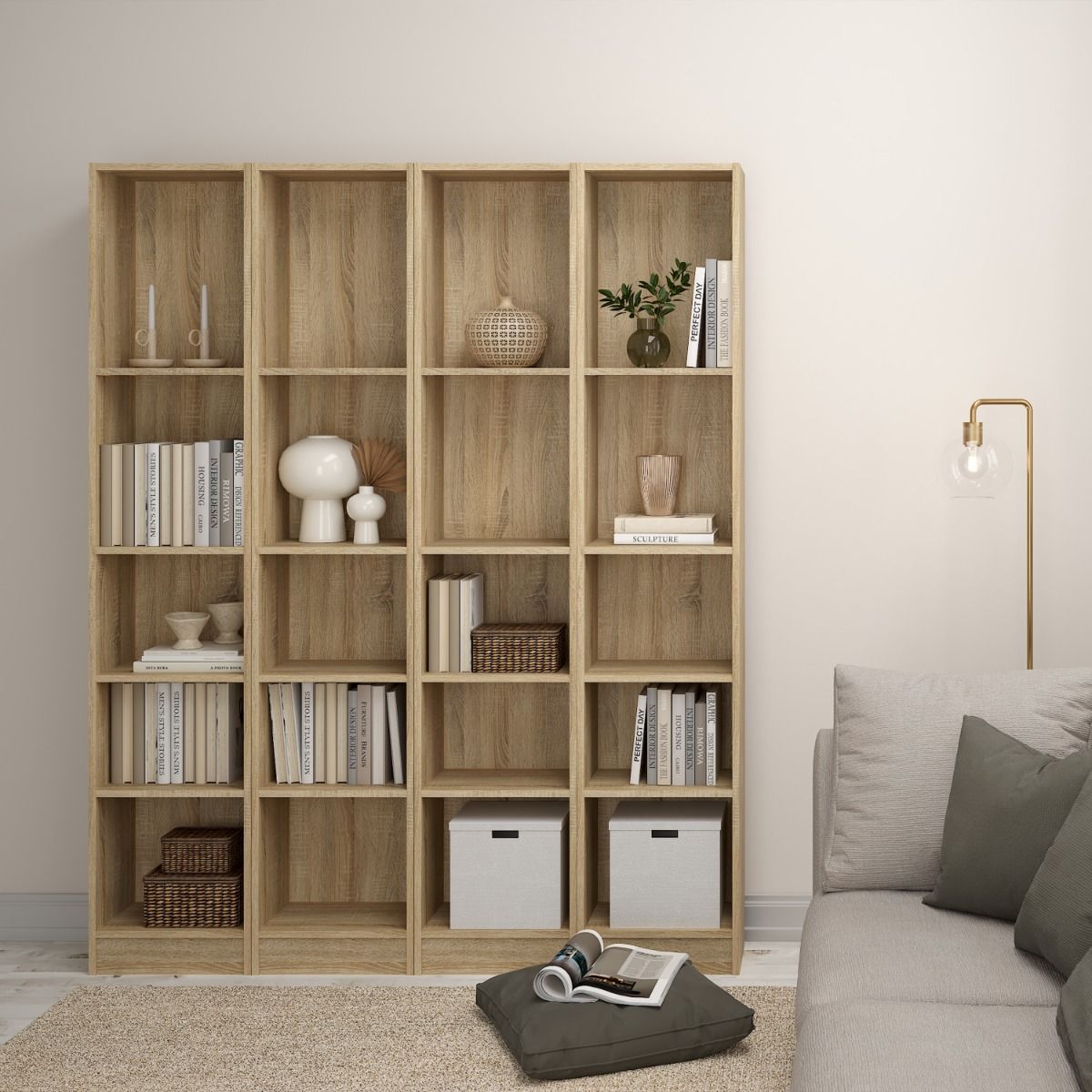 Basic Tall Narrow Bookcase with 5 Shelves in Oak - INSIDE HOUSE