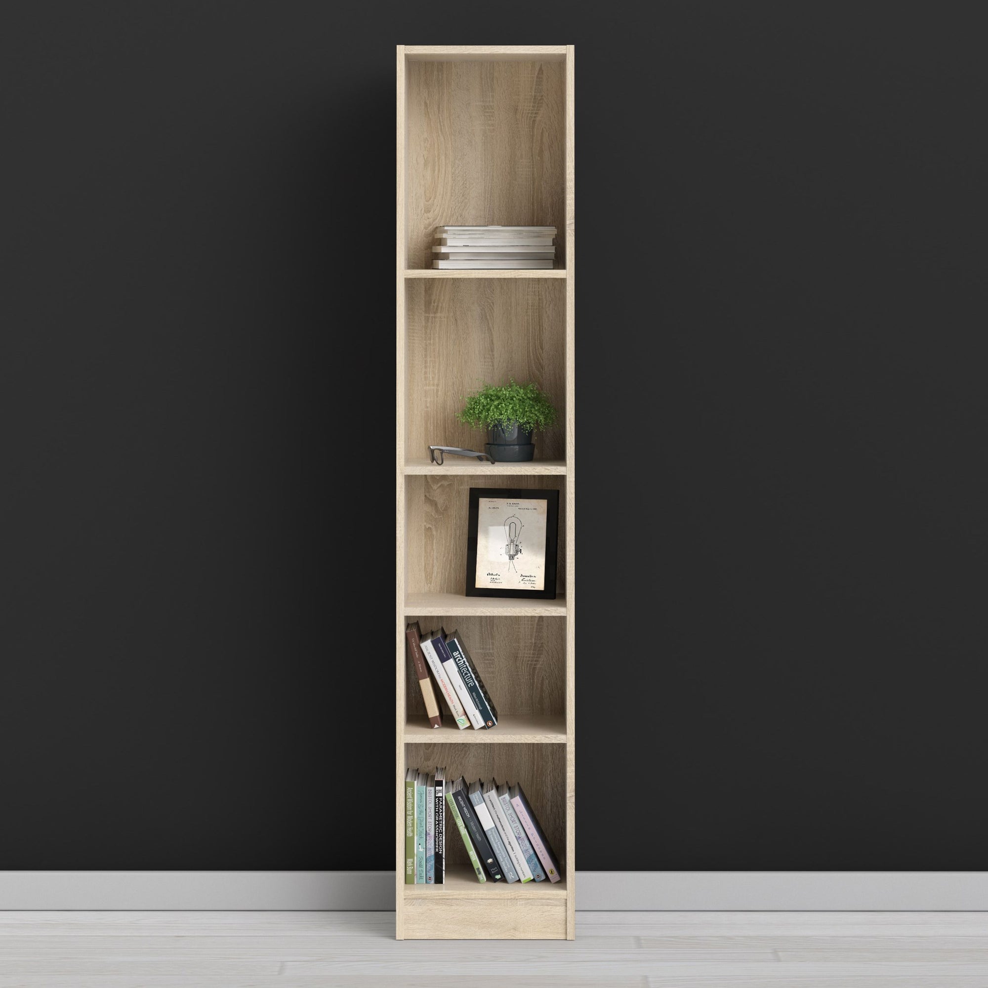Basic Tall Narrow Bookcase with 5 Shelves in Oak - INSIDE HOUSE