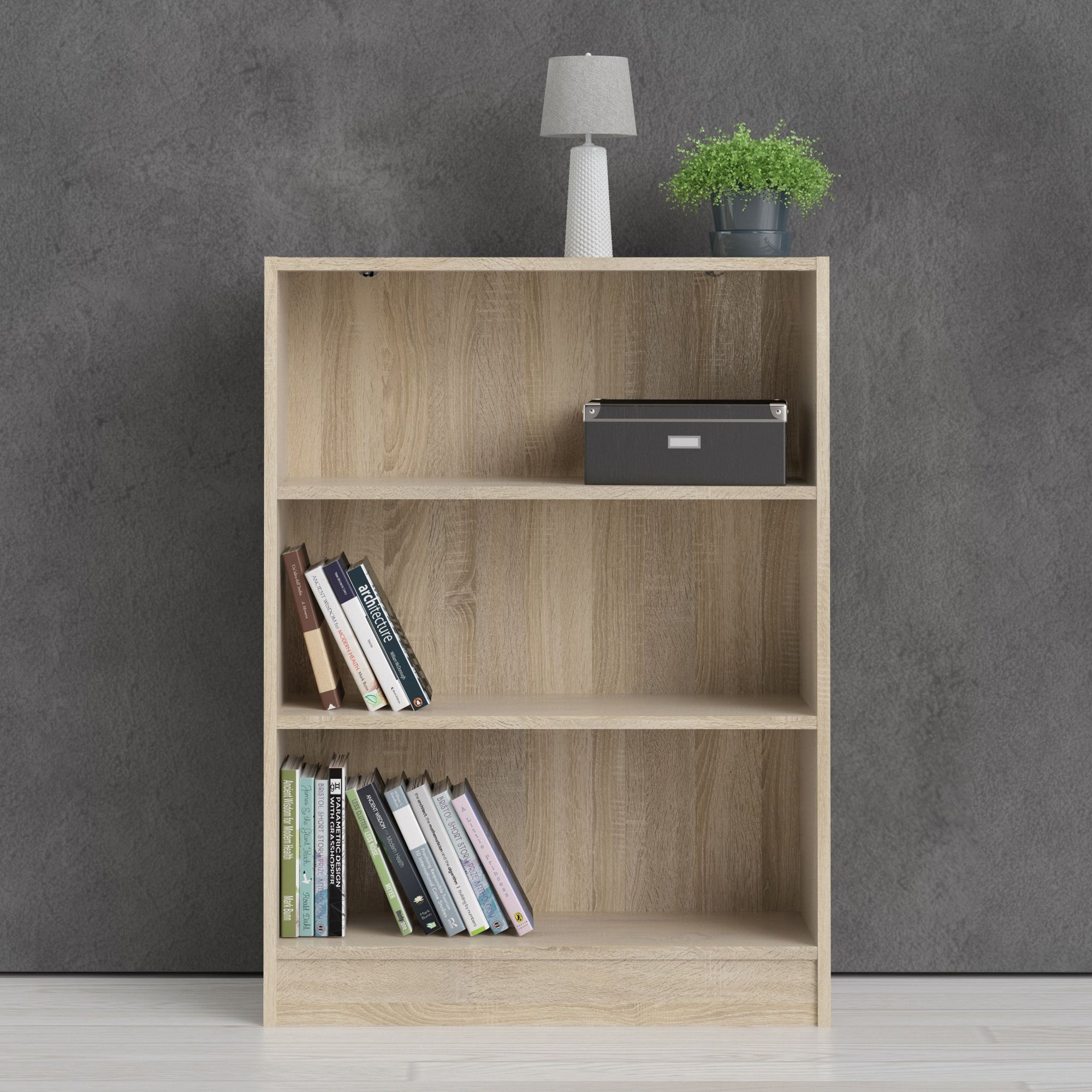 Basic Low Wide Bookcase with 3 Shelves in Oak - INSIDE HOUSE