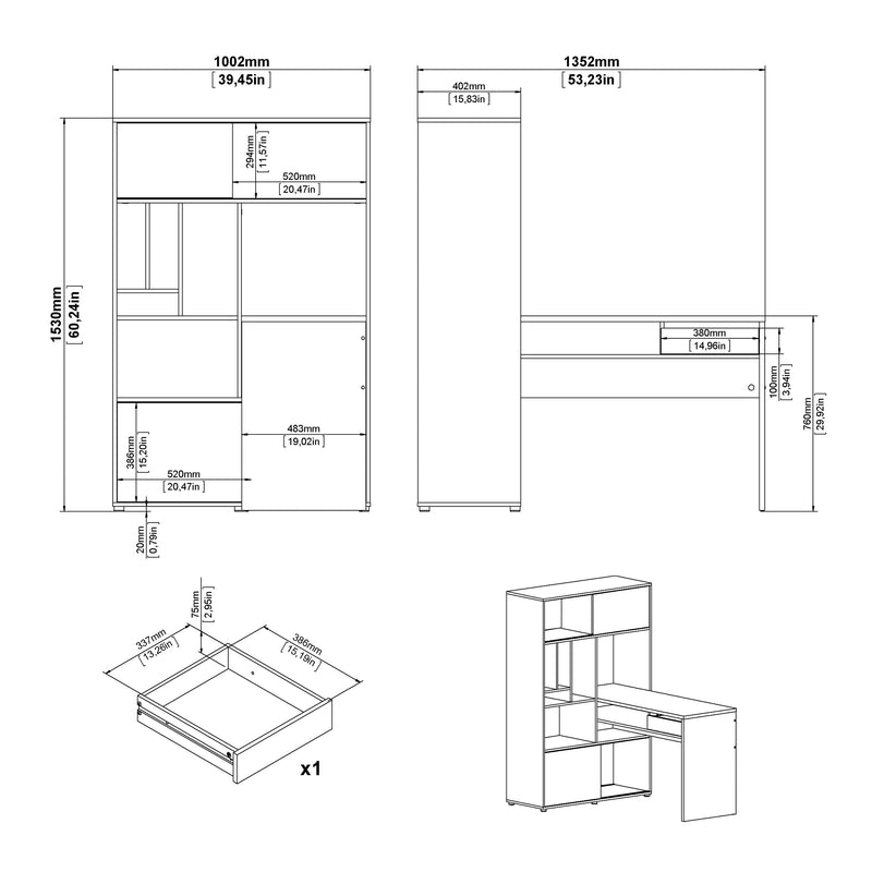 Function Plus Corner Desk with Bookcase Jackson Hickory/White