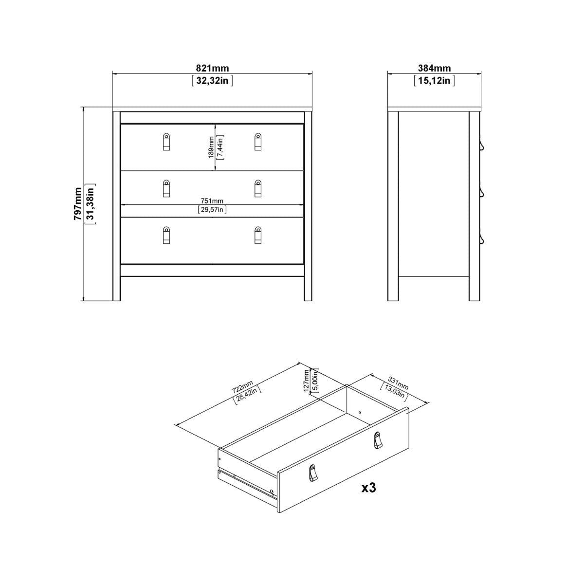 Barcelona Chest 3 Drawers in White - INSIDE HOUSE