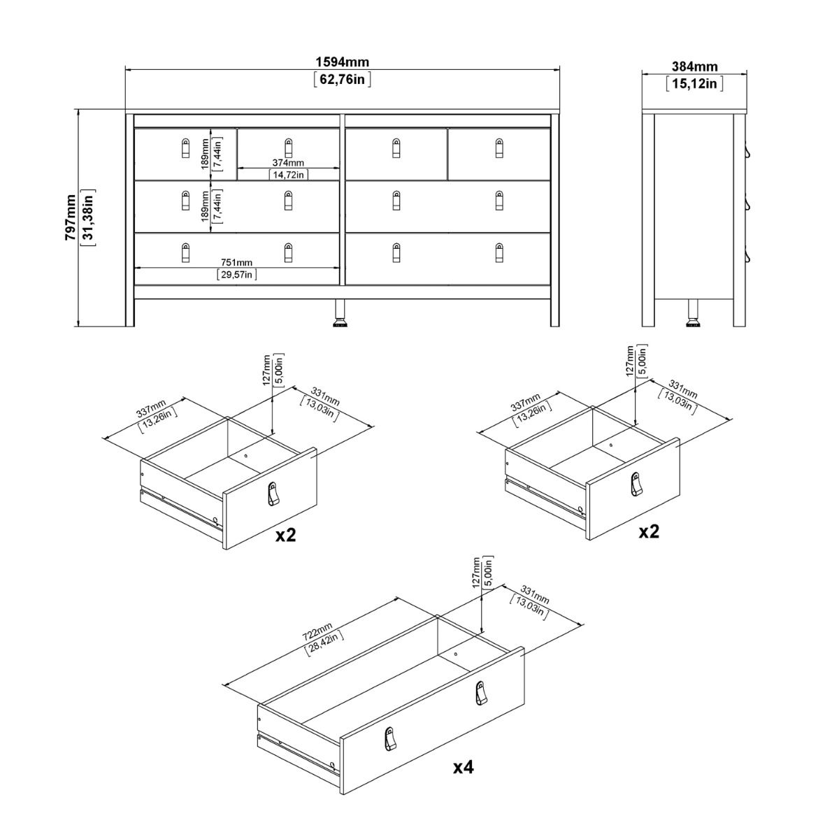 Barcelona Double Dresser 4+4 Drawers in Matt Black - INSIDE HOUSE