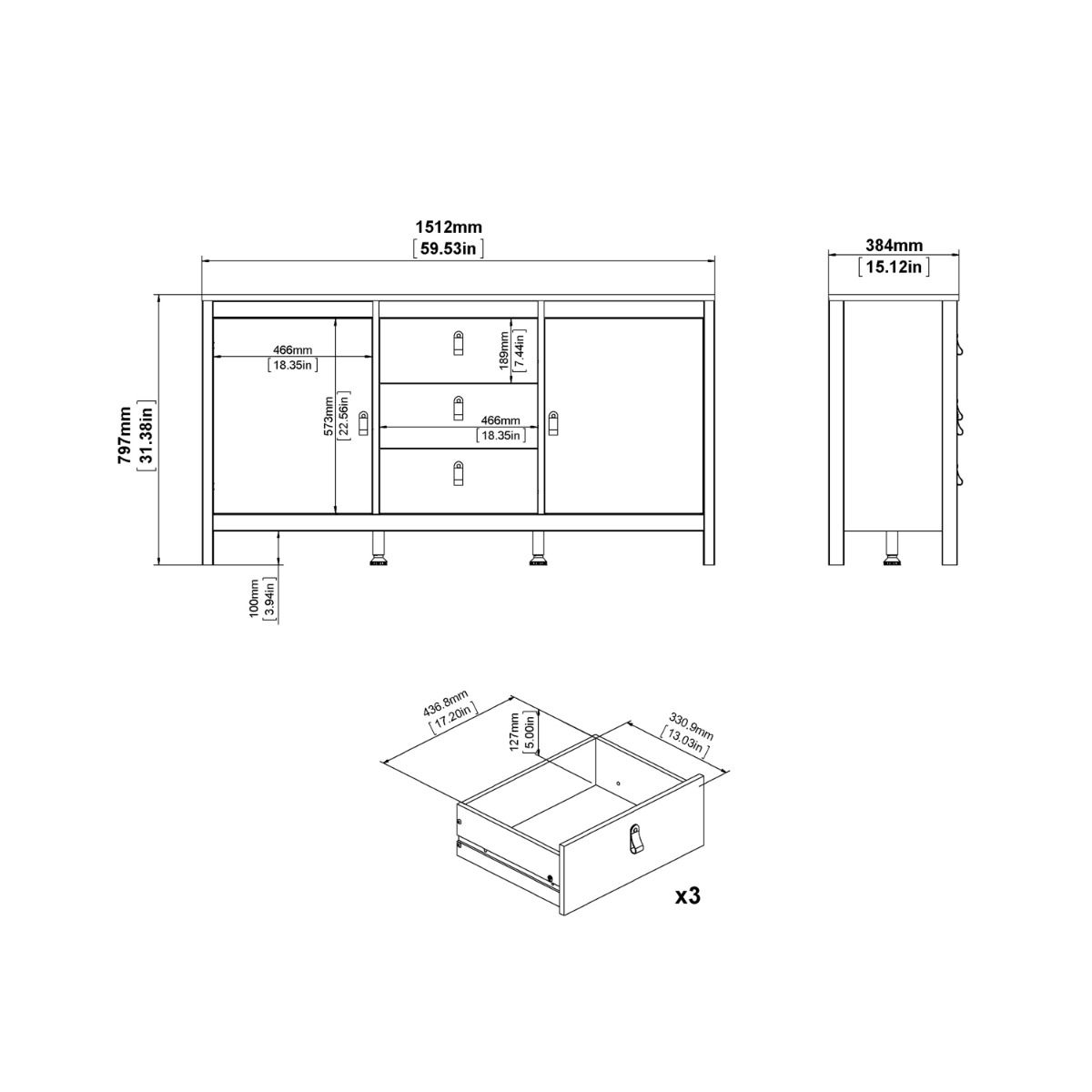 Barcelona Sideboard 2 Doors + 3 Drawers in White - INSIDE HOUSE