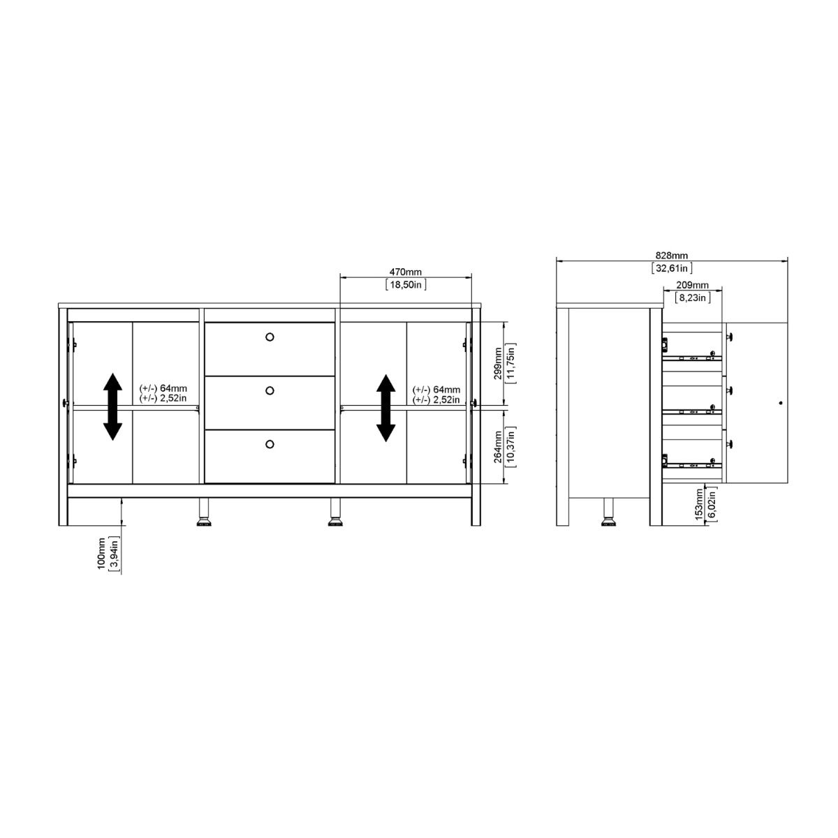 Barcelona Sideboard 2 Doors + 3 Drawers in White - INSIDE HOUSE