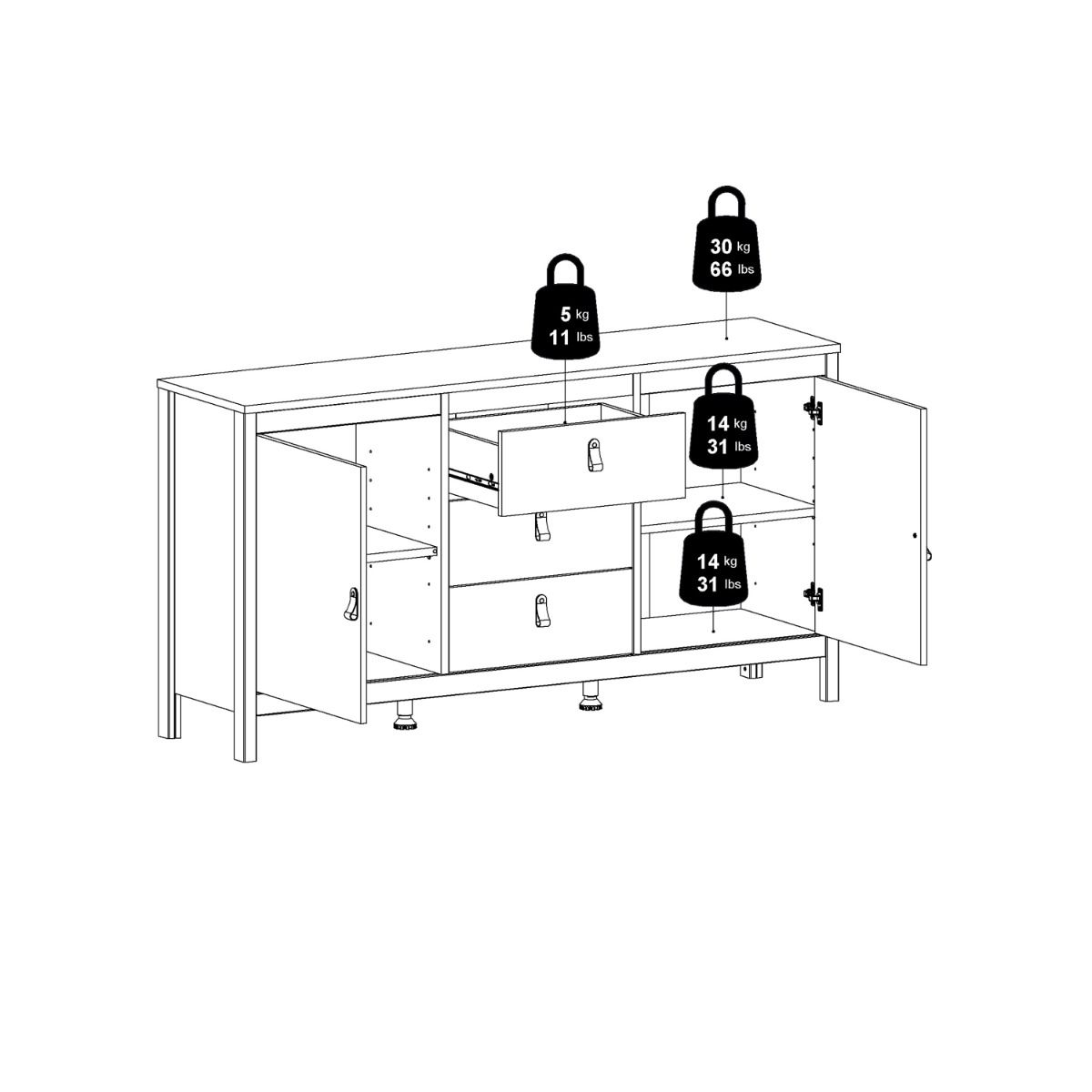 Barcelona Sideboard 2 Doors + 3 Drawers in White - INSIDE HOUSE