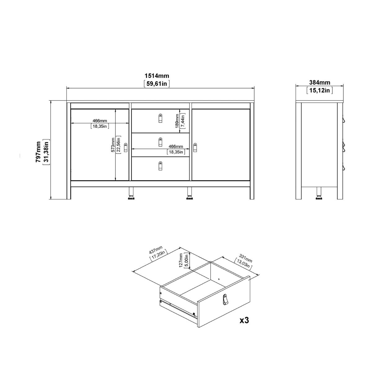 Barcelona Sideboard 2 Doors + 3 Drawers in Cashmere - INSIDE HOUSE