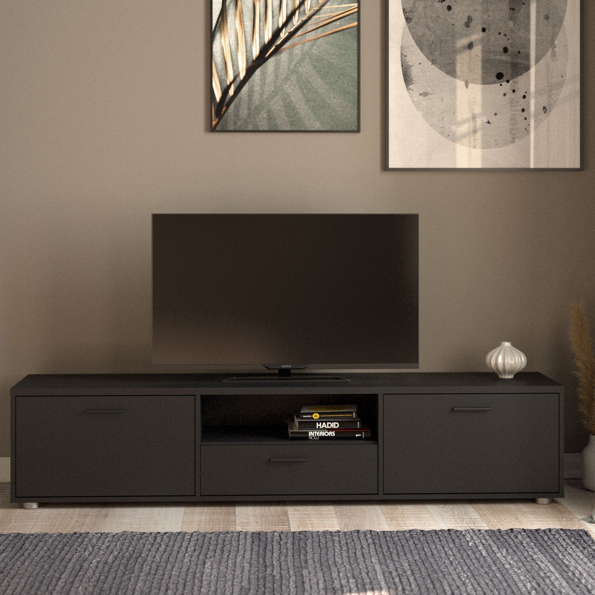 Media TV Unit with 2 Doors and 1 Drawer in Black (177cm) - INSIDE HOUSE