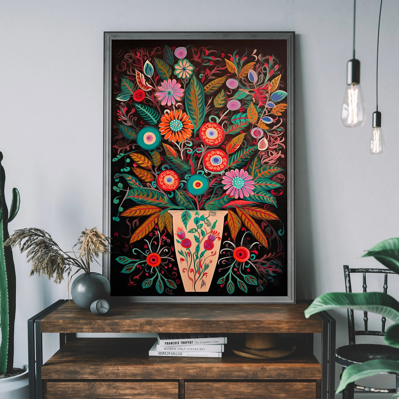 Folk Art Style Flowers Dark Print - INSIDE HOUSE